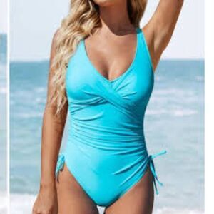 Beach Sissi Swim Twist Front Drawstring Side One Piece Swimsuit Teal XL NWT